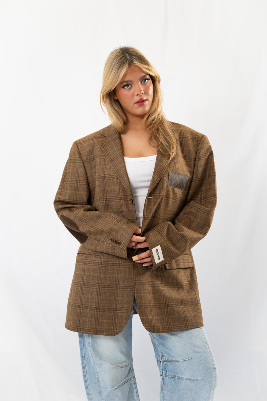 Brown Checked Vintage Designer Oversized Blazer · XL
