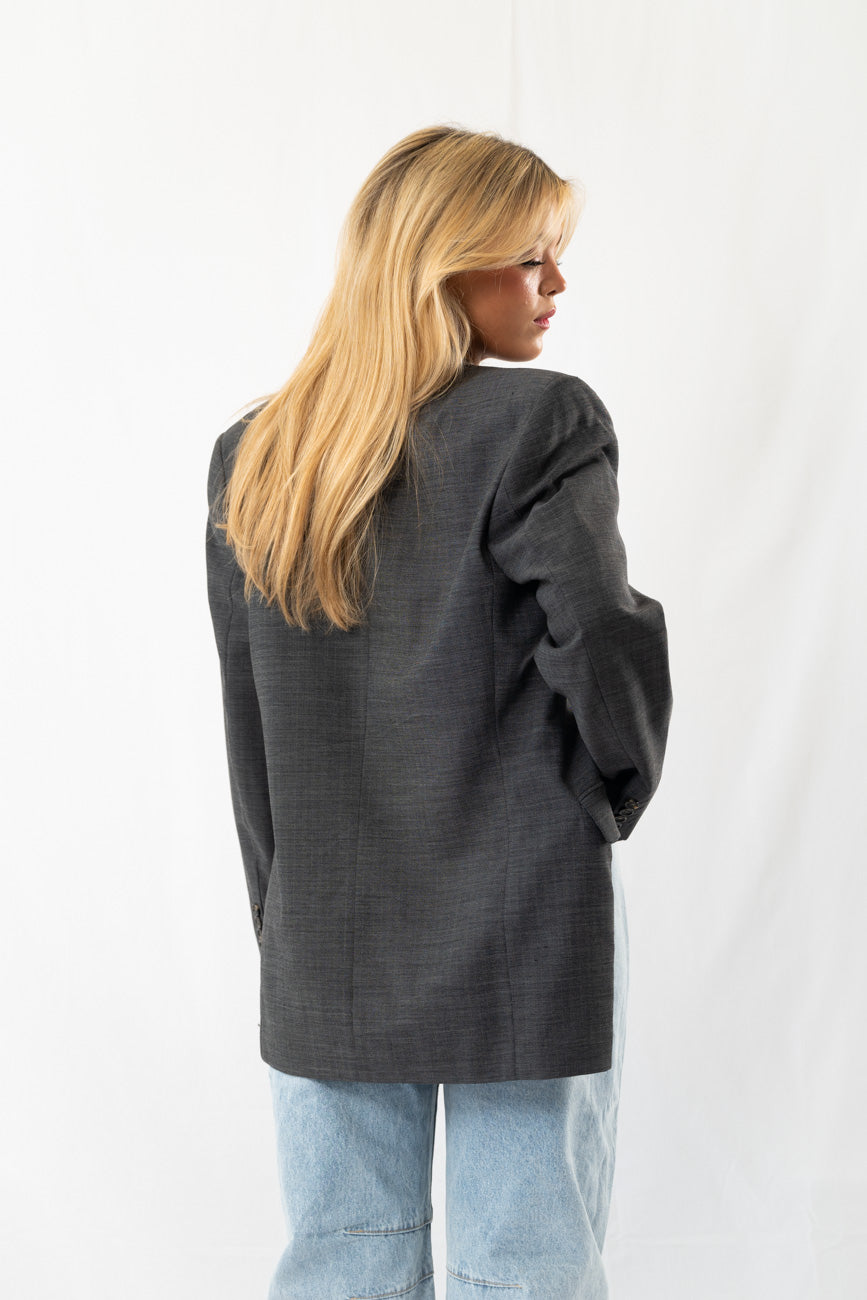 Dark Grey Checked Vintage Designer Oversized Blazer · L