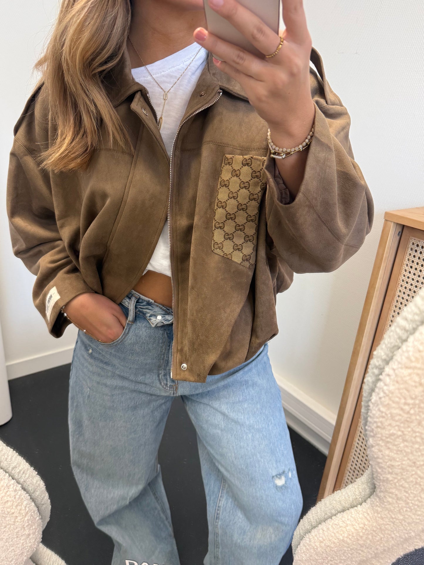 Camel suede jacket with canvas