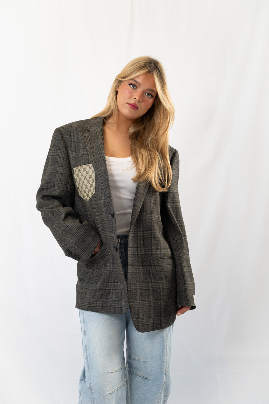 Dark Green Checked Vintage Designer Oversized Blazer · XL