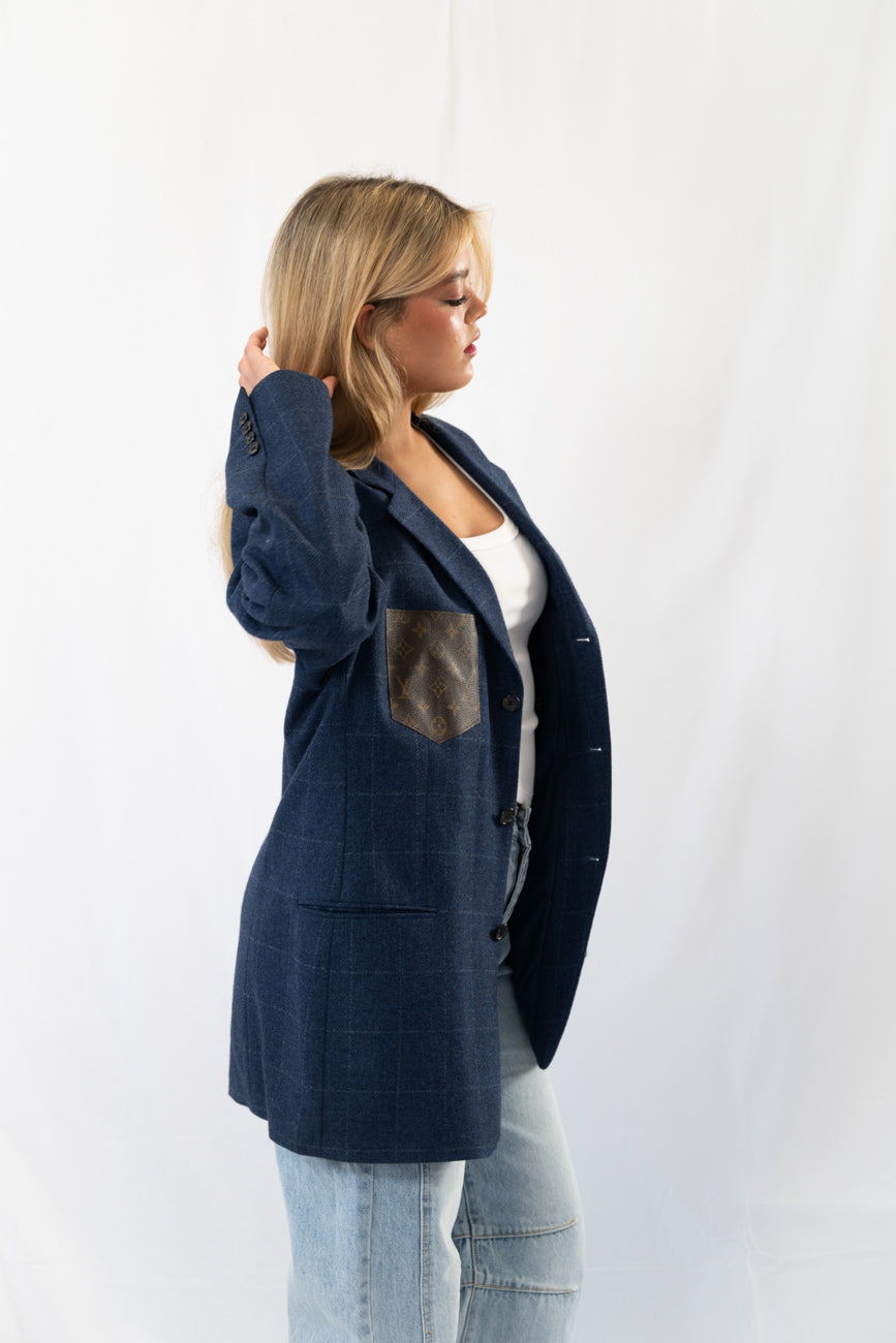 Dark Navy Checked Vintage Designer Oversized Blazer