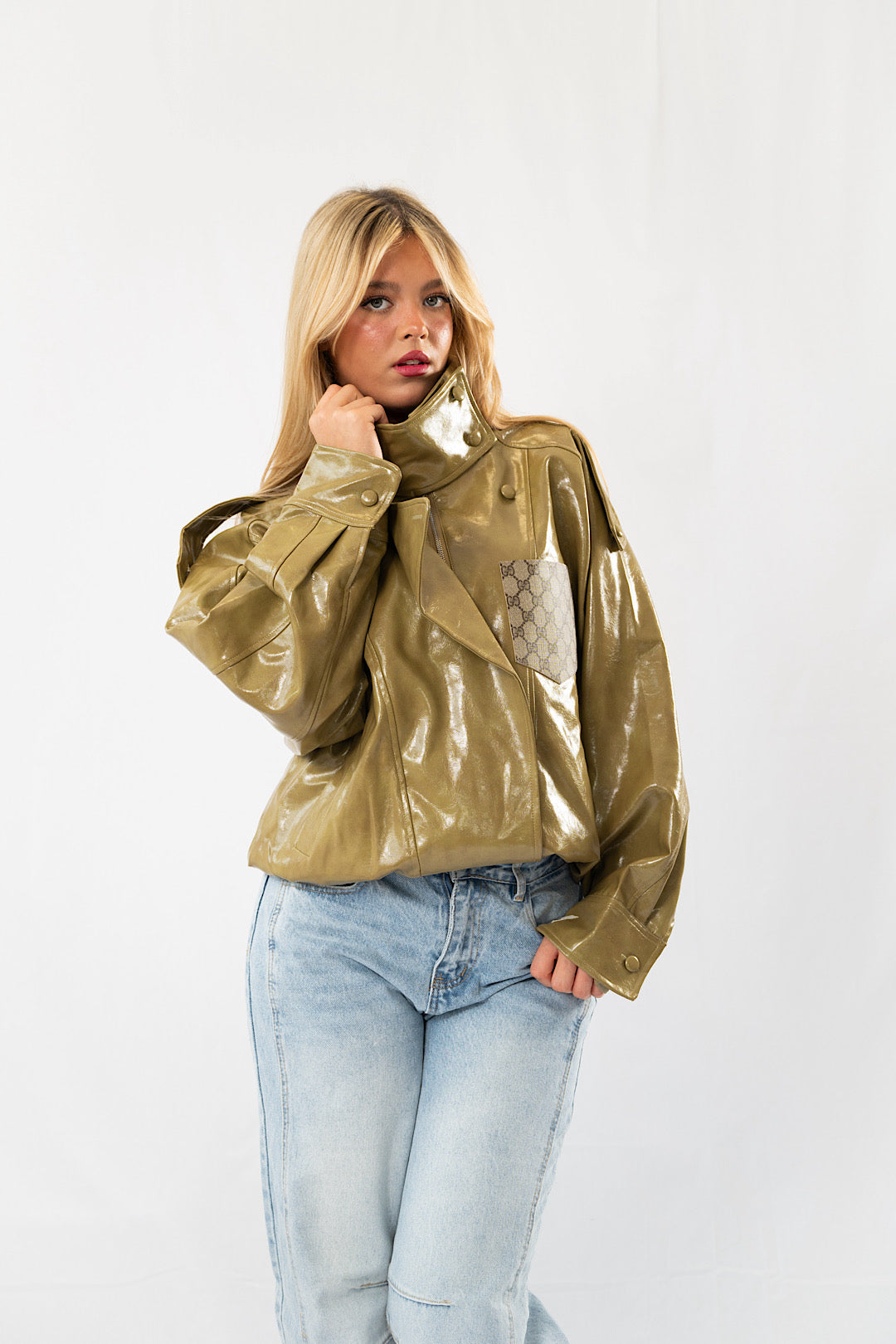 Olive Glossy Designer Jacket with Canvas