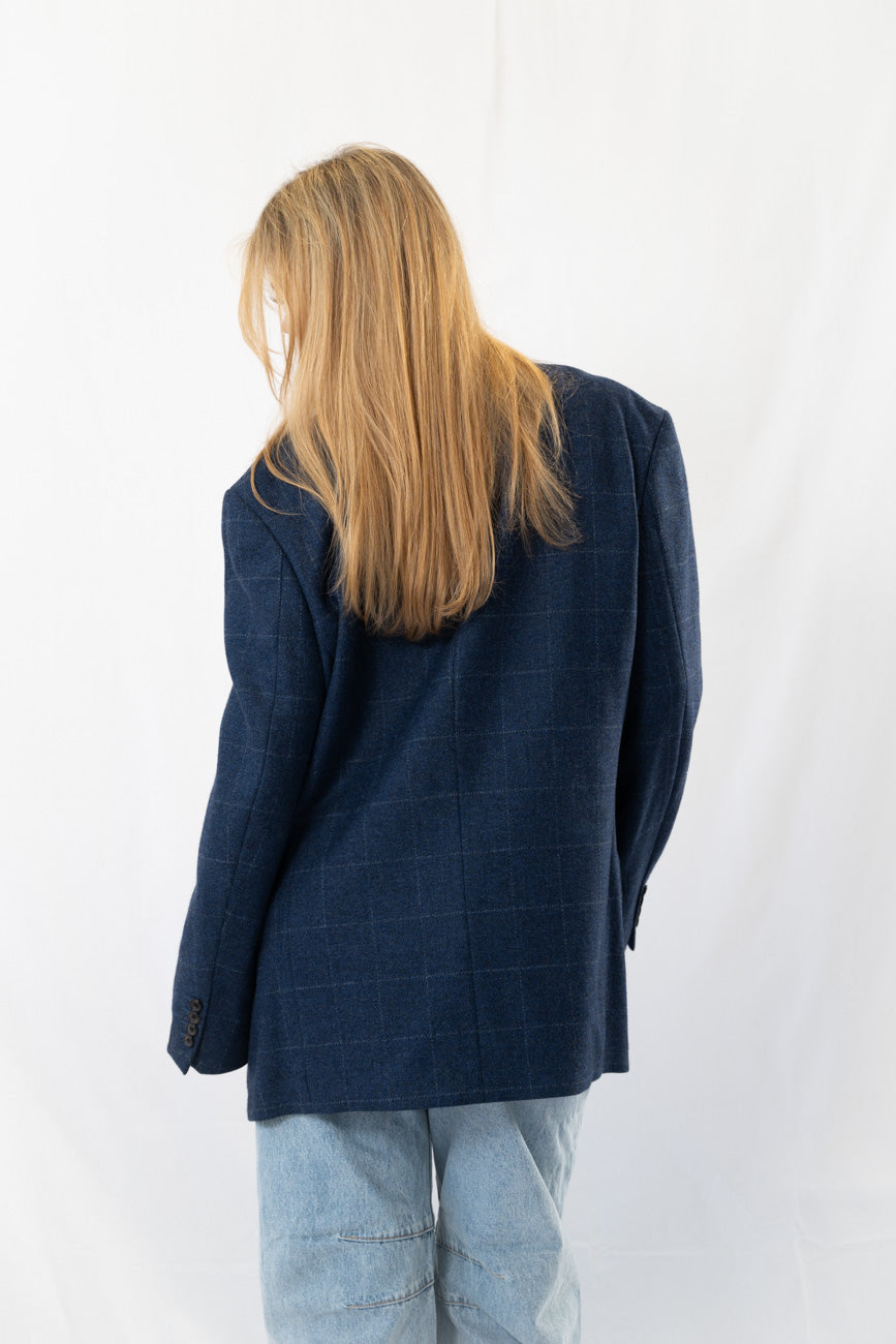 Dark Navy Checked Vintage Designer Oversized Blazer