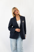 Dark Navy Striped Vintage Designer Oversized Blazer · M
