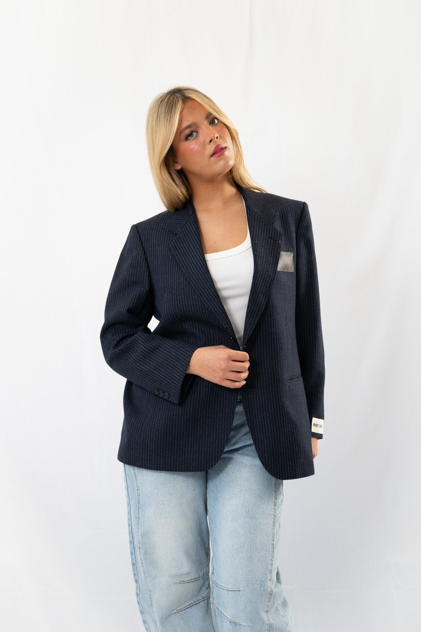Dark Navy Striped Vintage Designer Oversized Blazer · M