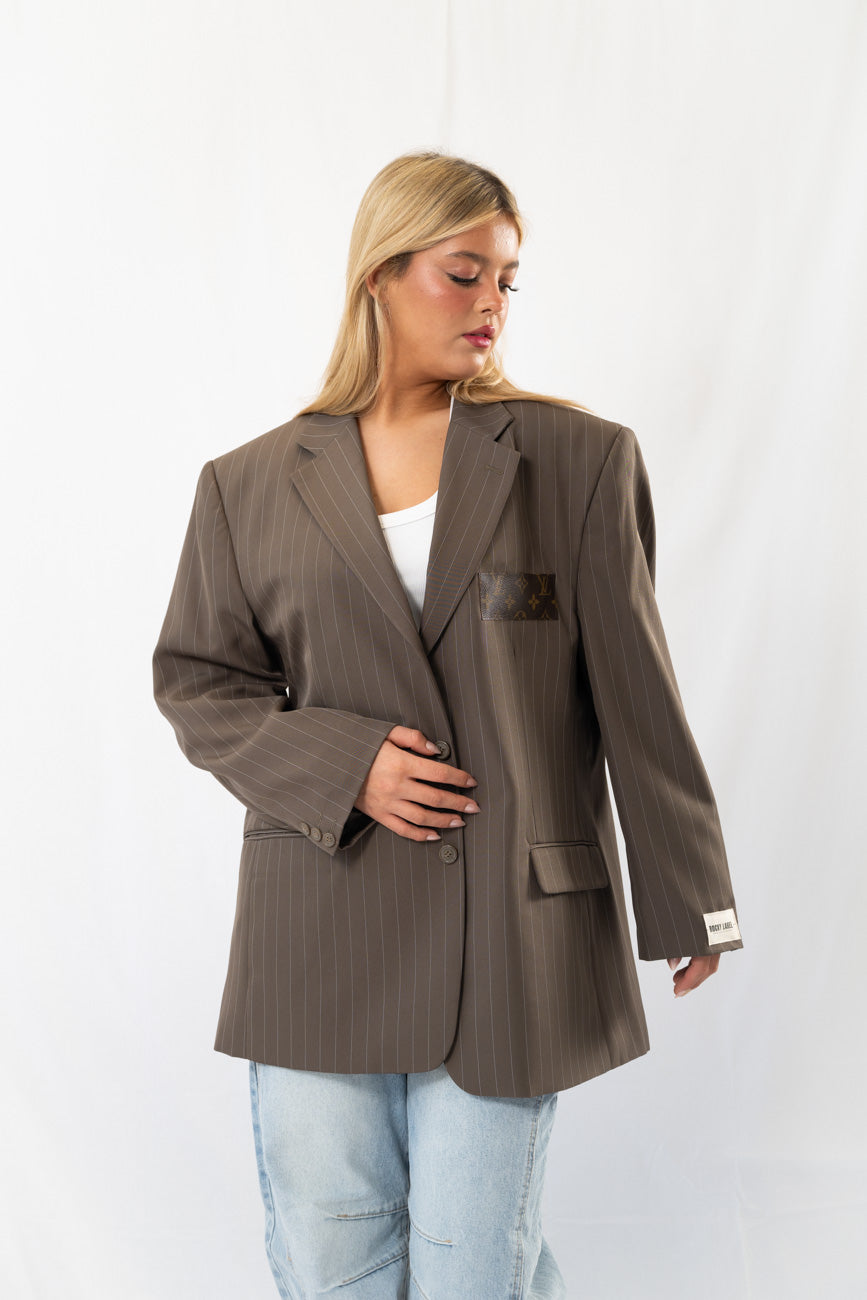 Taupe Striped Vintage Designer Oversized Blazer · XL