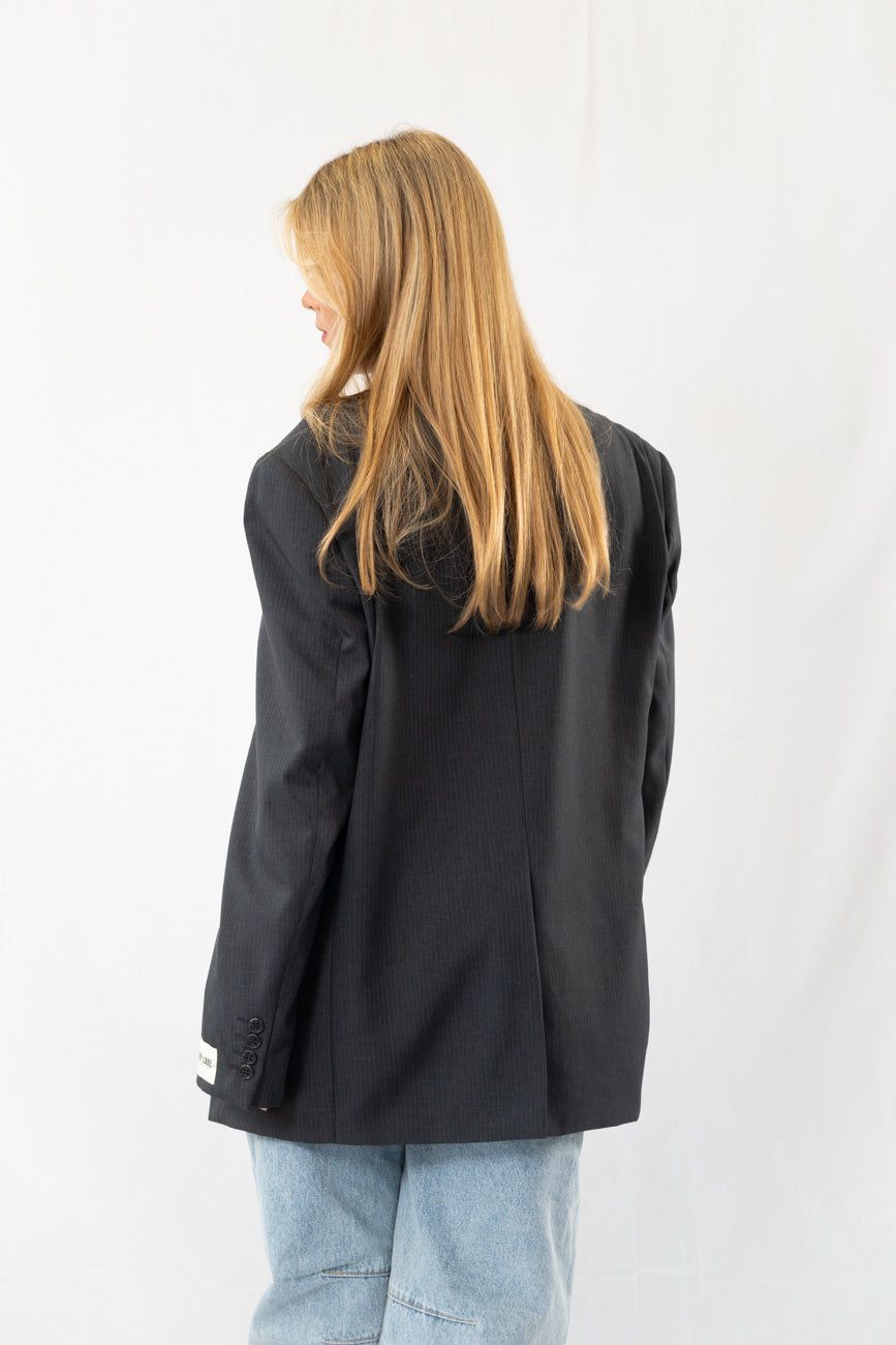 Dark Grey Striped Vintage Designer Oversized Blazer · XL