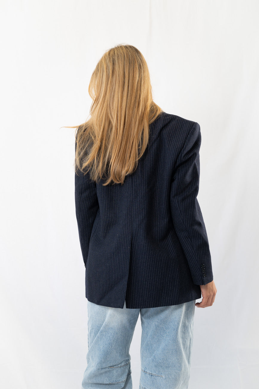 Dark Navy Striped Vintage Designer Oversized Blazer · M