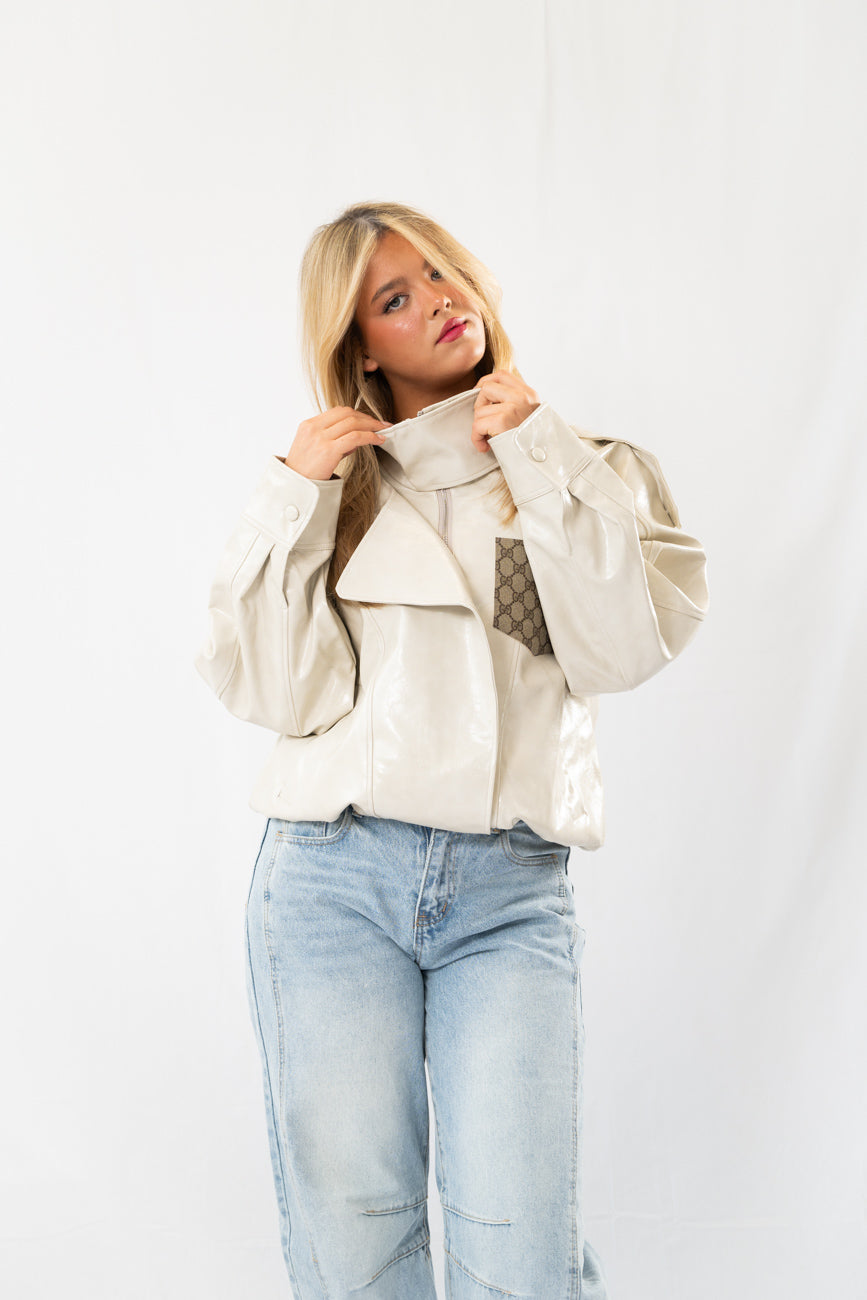 Beige Glossy Designer Jacket with Canvas