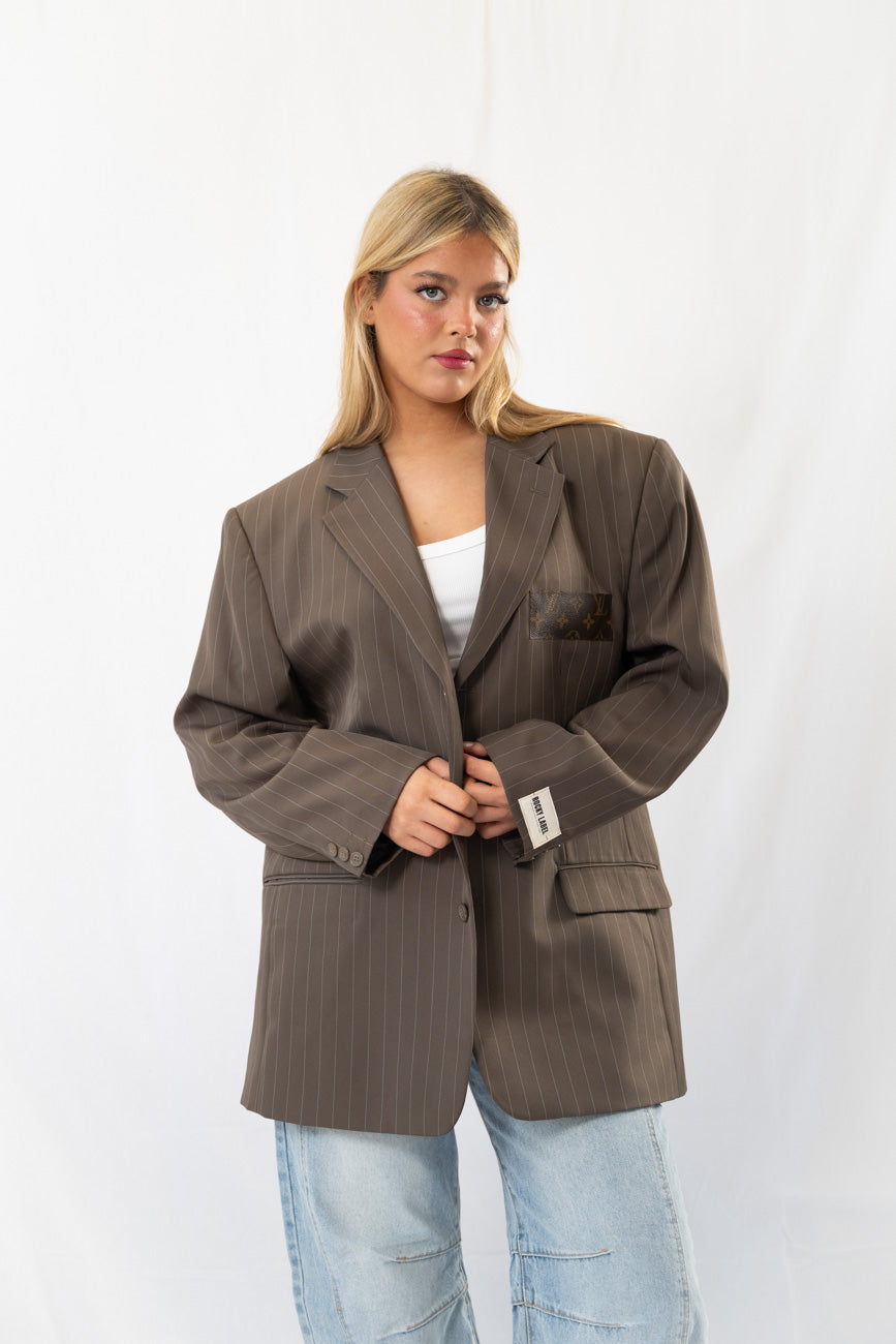 Taupe Striped Vintage Designer Oversized Blazer · XL