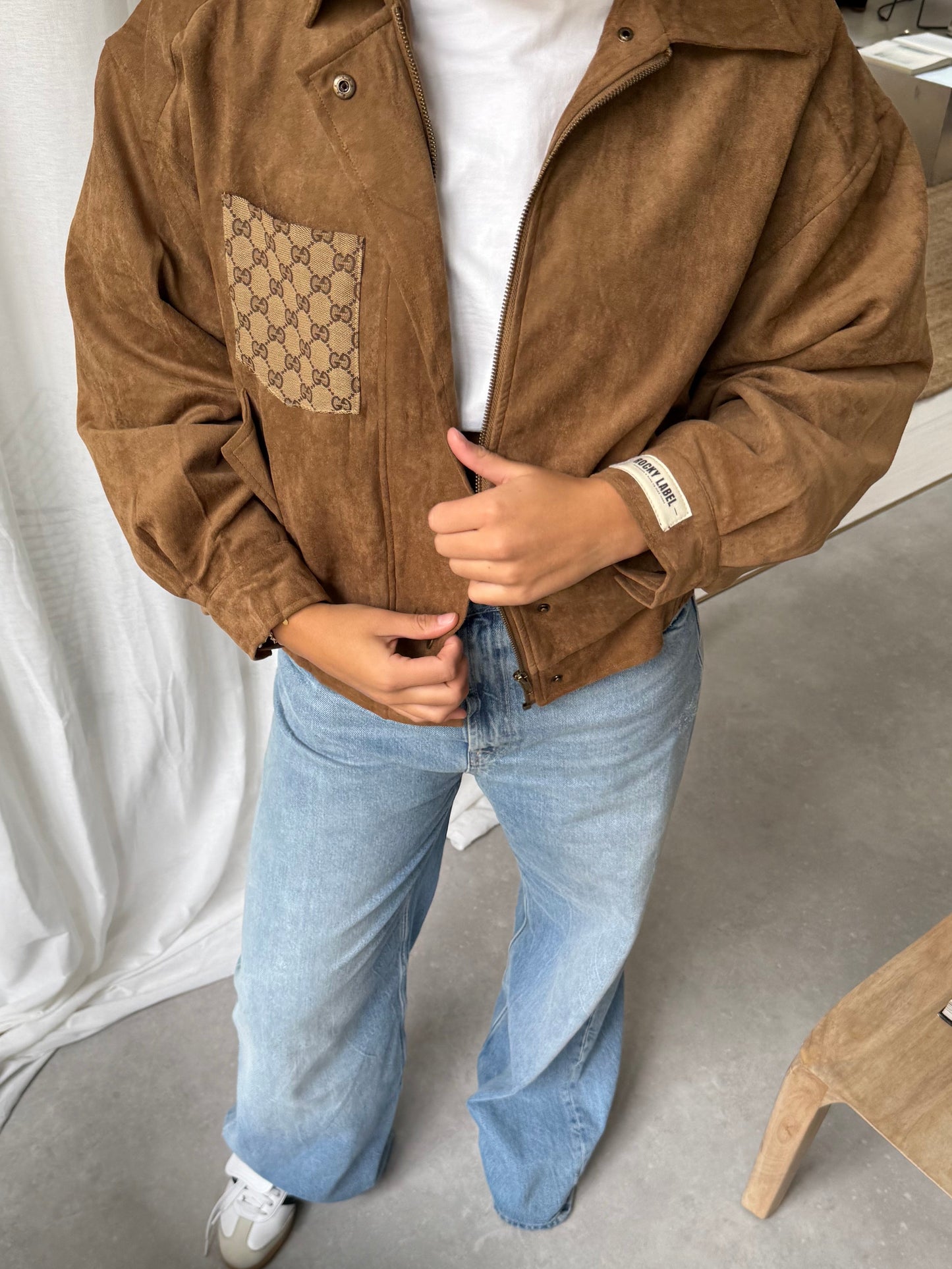 Camel suede jacket with canvas