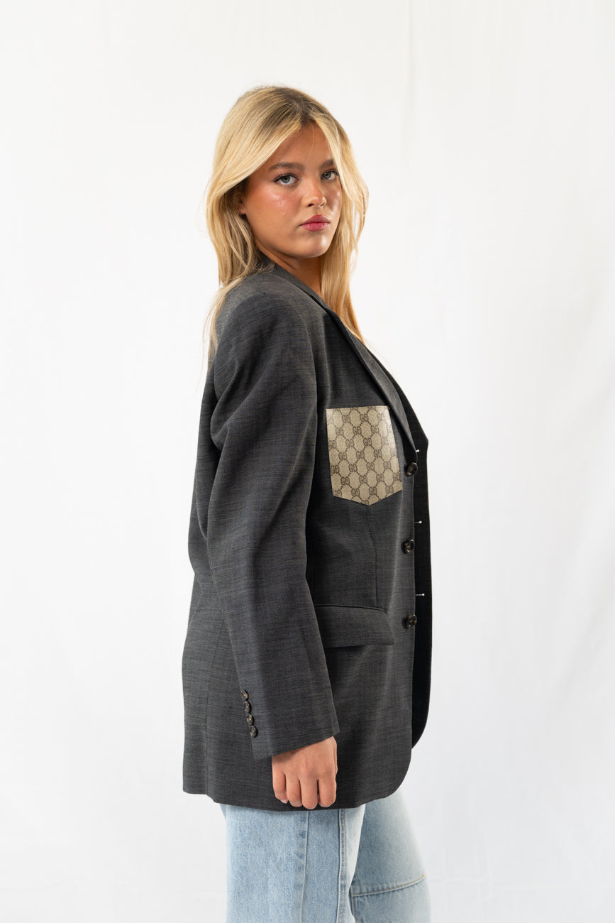 Dark Grey Checked Vintage Designer Oversized Blazer · L