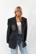 Dark Grey Wool Checked Vintage Oversized Blazer · XL