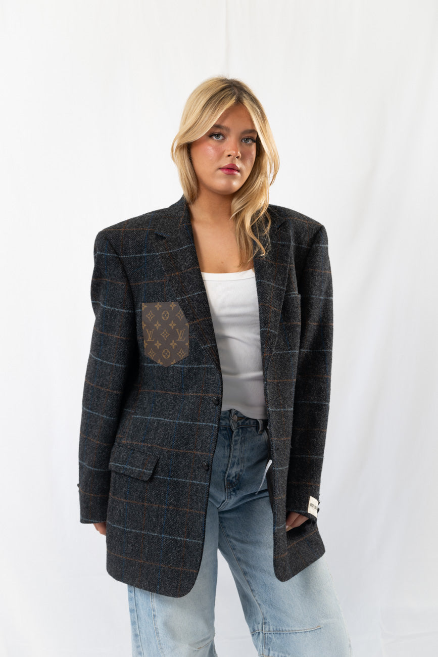 Dark Grey Wool Checked Vintage Oversized Blazer · XL