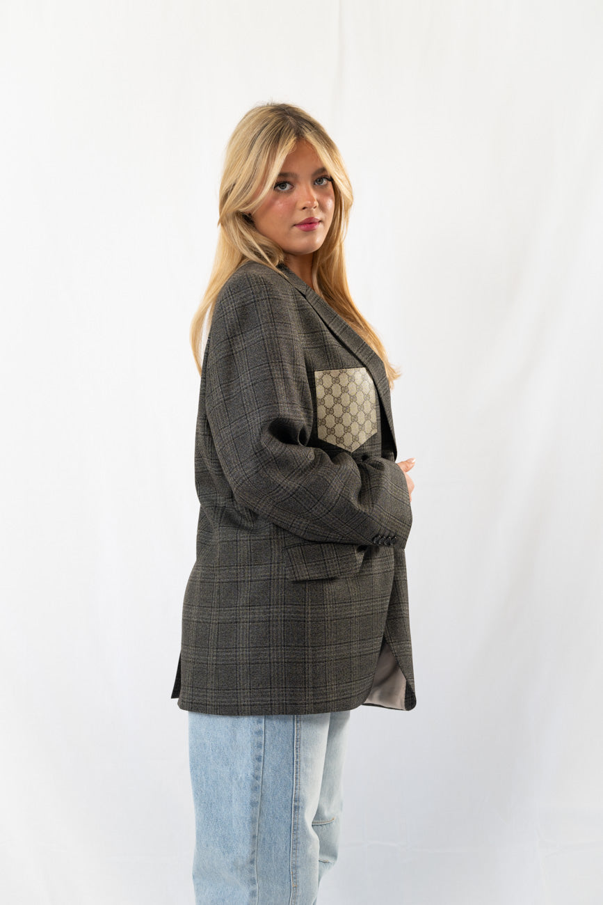 Dark Green Checked Vintage Designer Oversized Blazer · XL