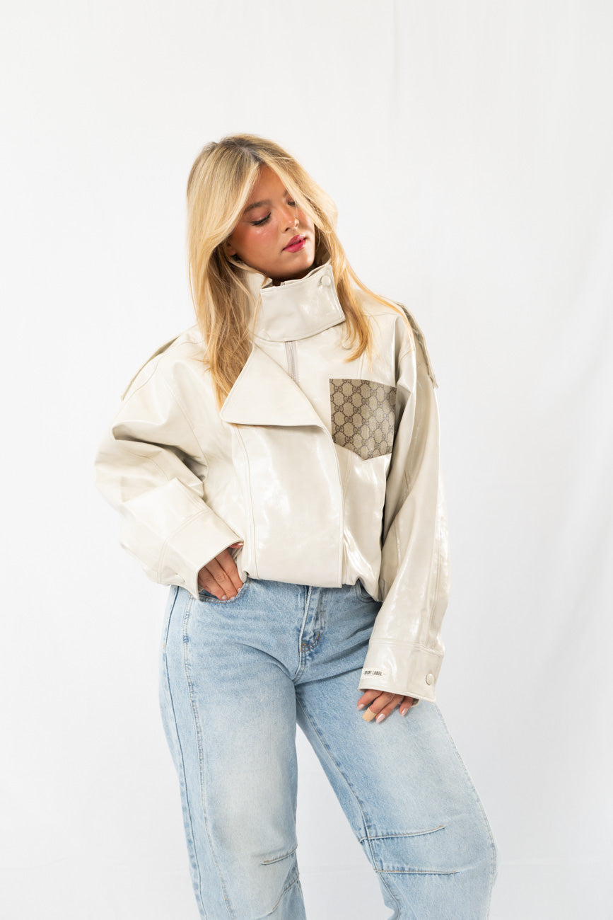 Beige Glossy Designer Jacket with Canvas