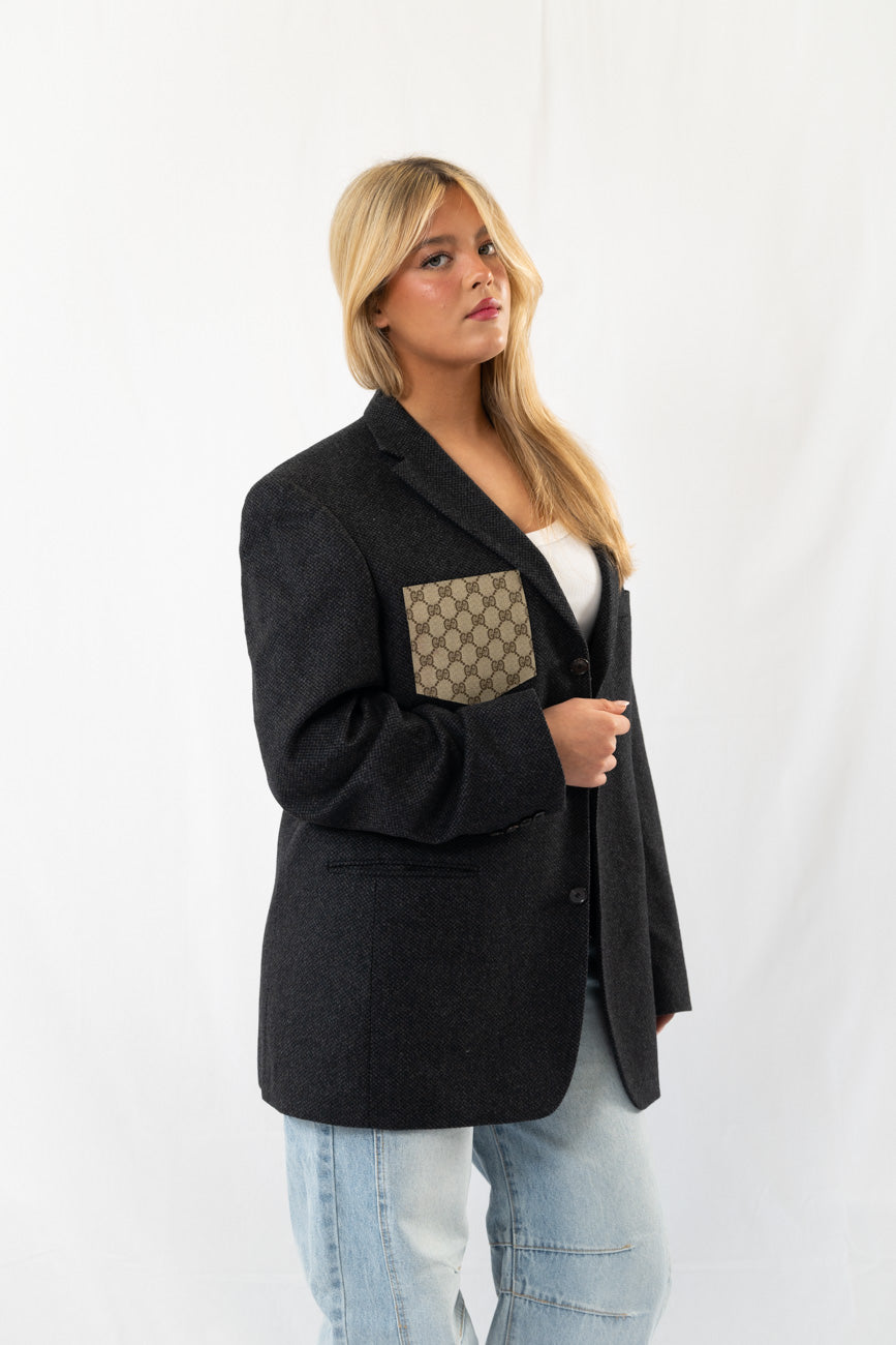Dark Grey Wool Vintage Designer Oversized Blazer · L-XL