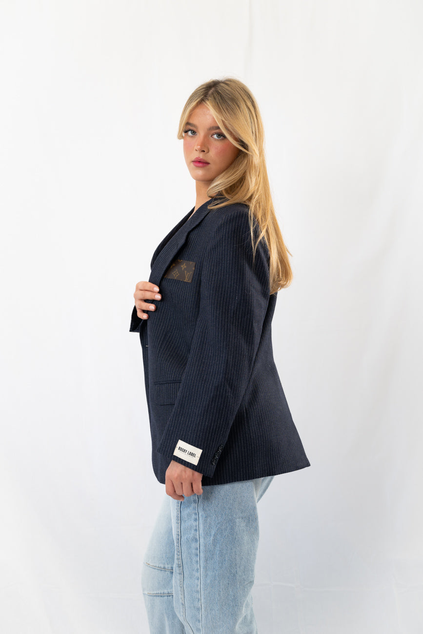Dark Navy Striped Vintage Designer Oversized Blazer · M