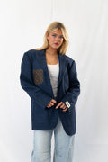Dark Navy Checked Vintage Designer Oversized Blazer