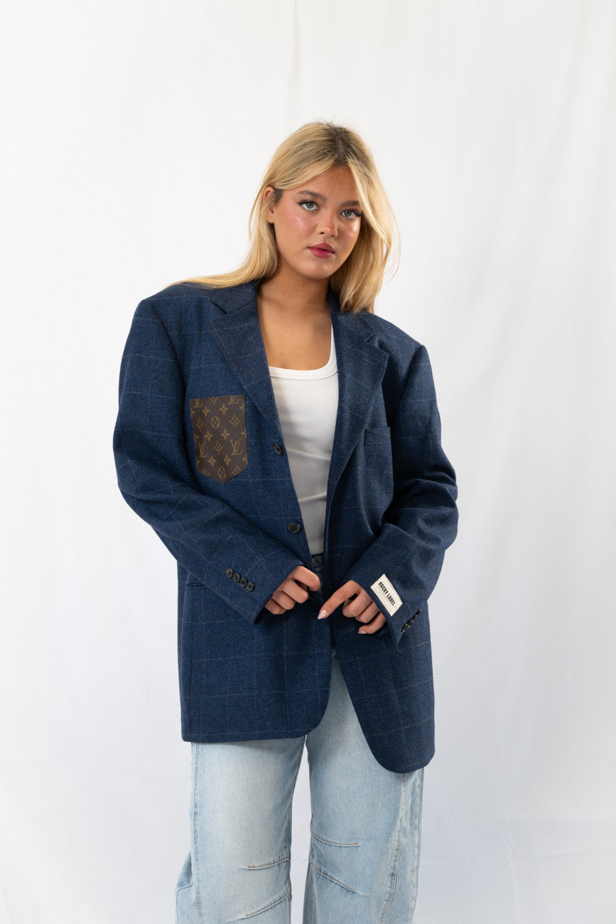 Dark Navy Checked Vintage Designer Oversized Blazer