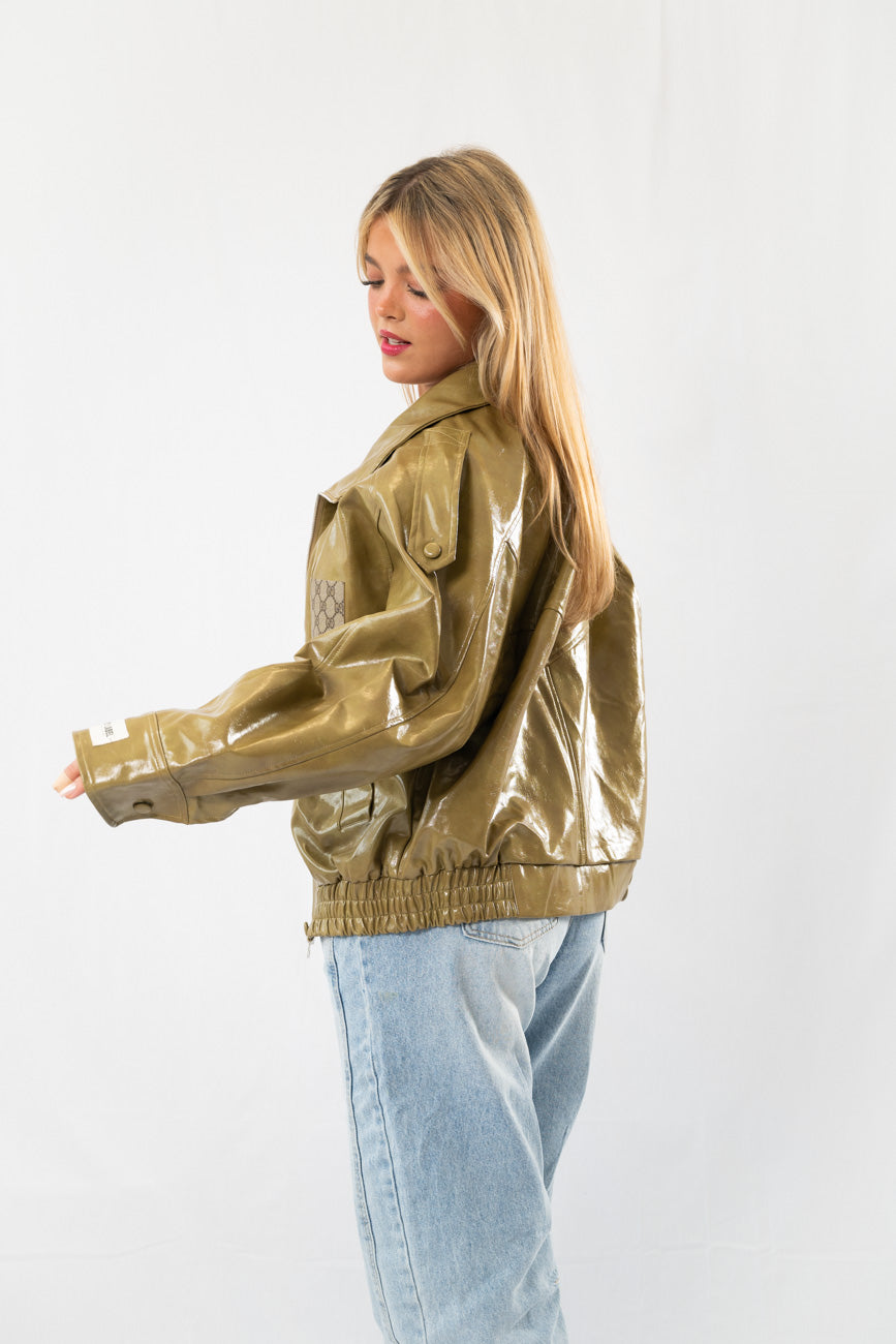 Olive Glossy Designer Jacket with Canvas