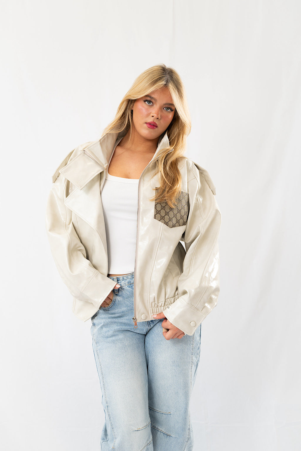 Beige Glossy Designer Jacket with Canvas