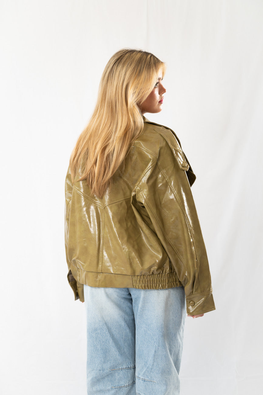 Olive Glossy Designer Jacket with Canvas