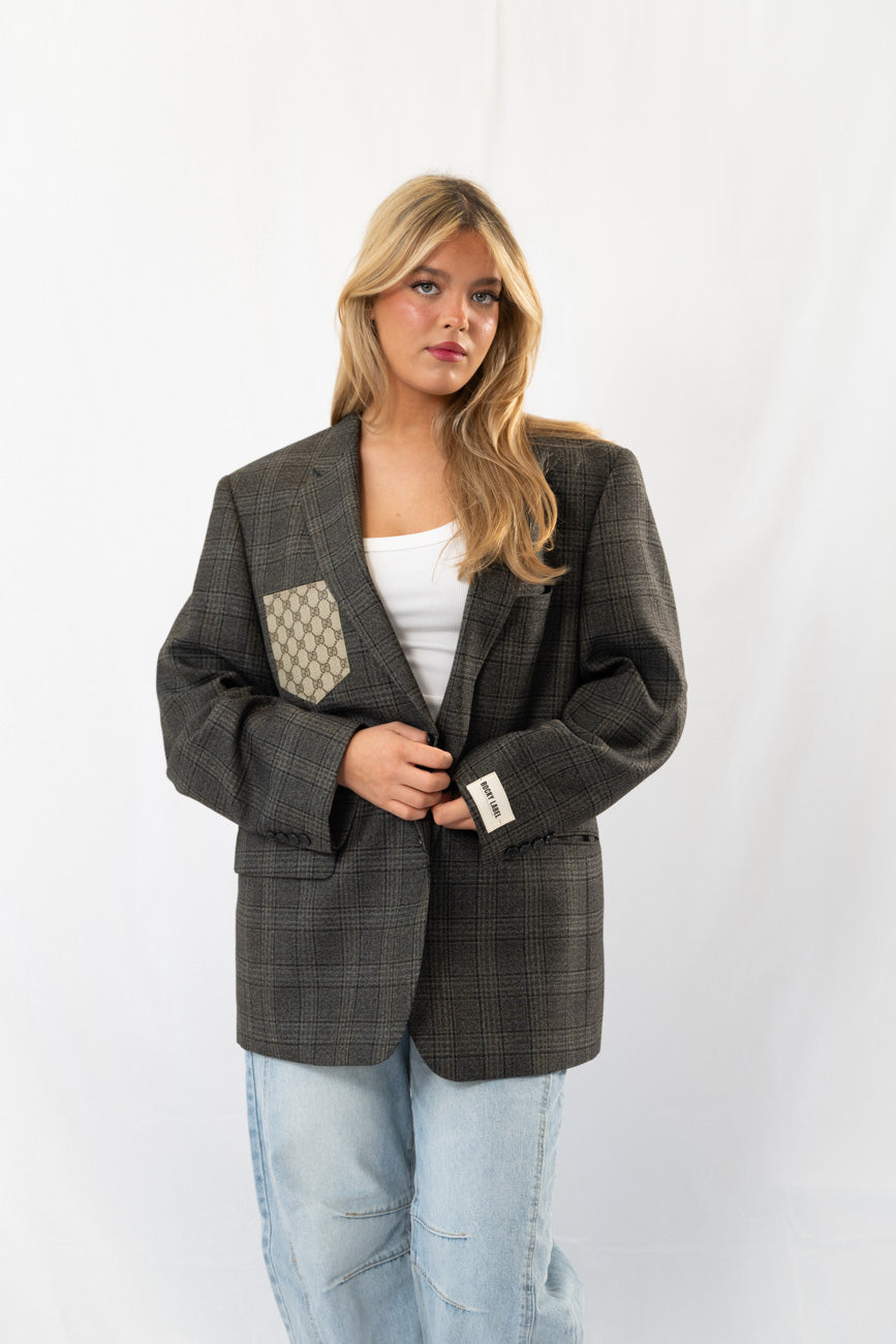 Dark Green Checked Vintage Designer Oversized Blazer · XL