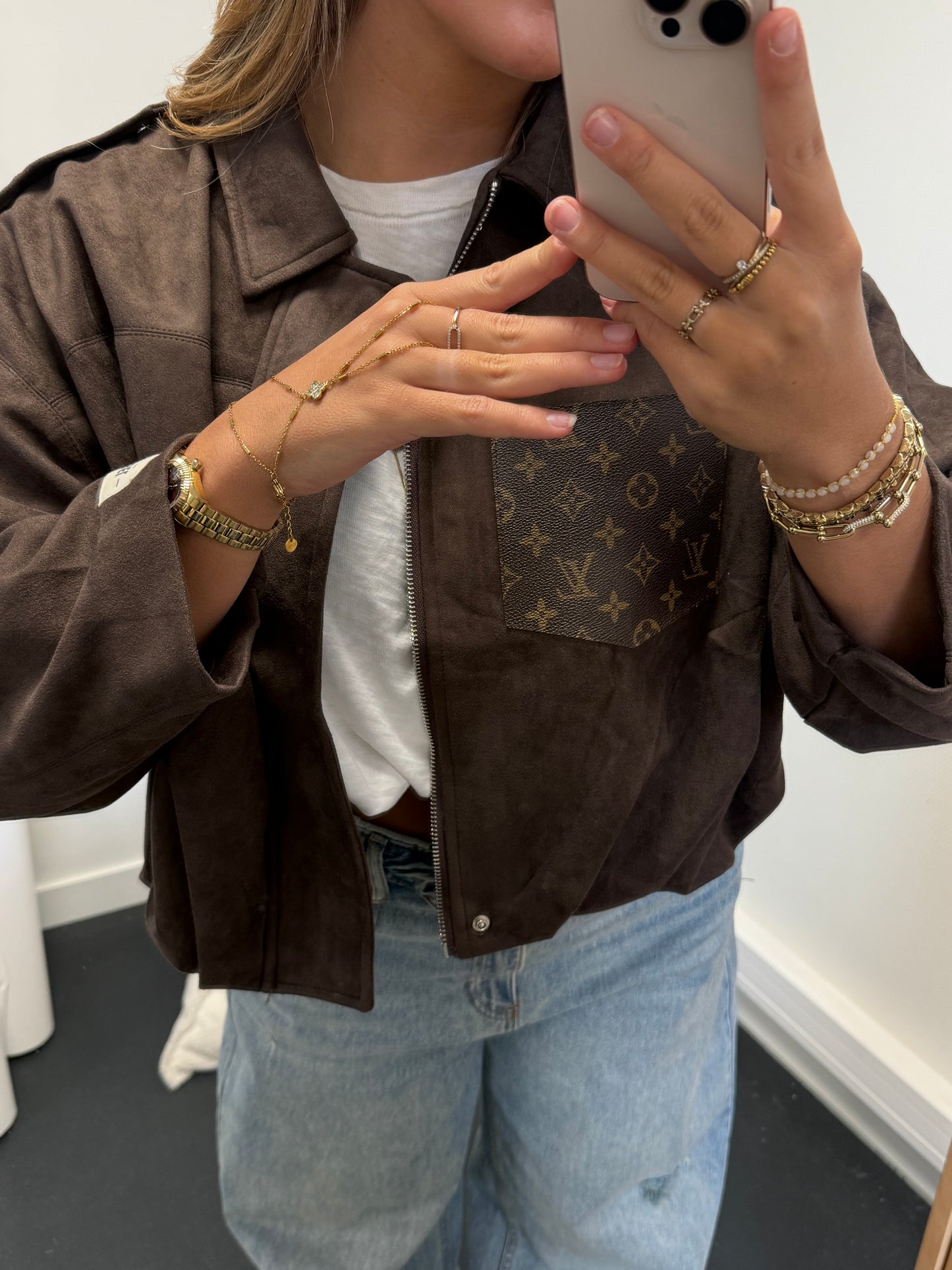 Brown suede jacket with canvas