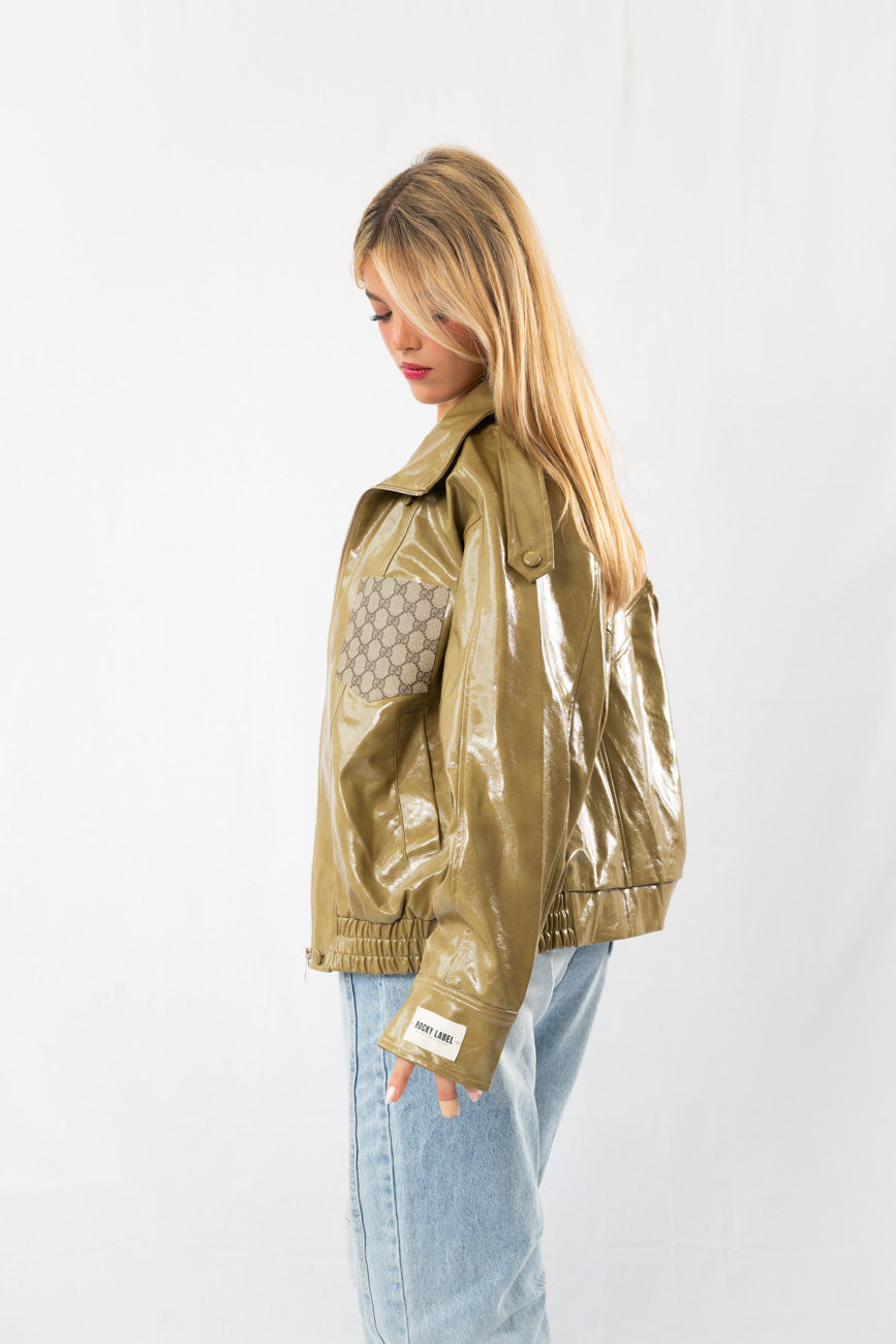 Olive Glossy Designer Jacket with Canvas