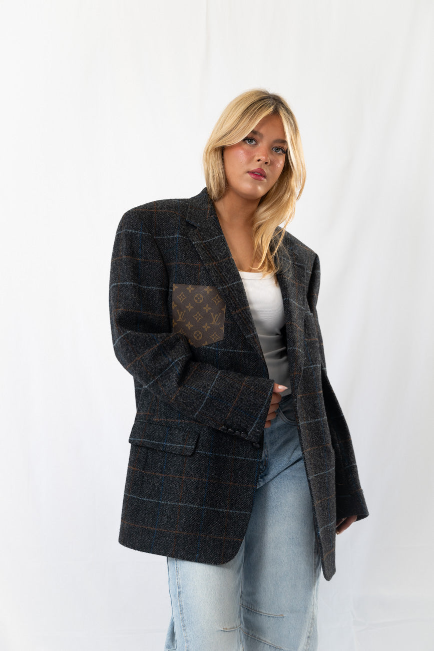 Dark Grey Wool Checked Vintage Oversized Blazer · XL