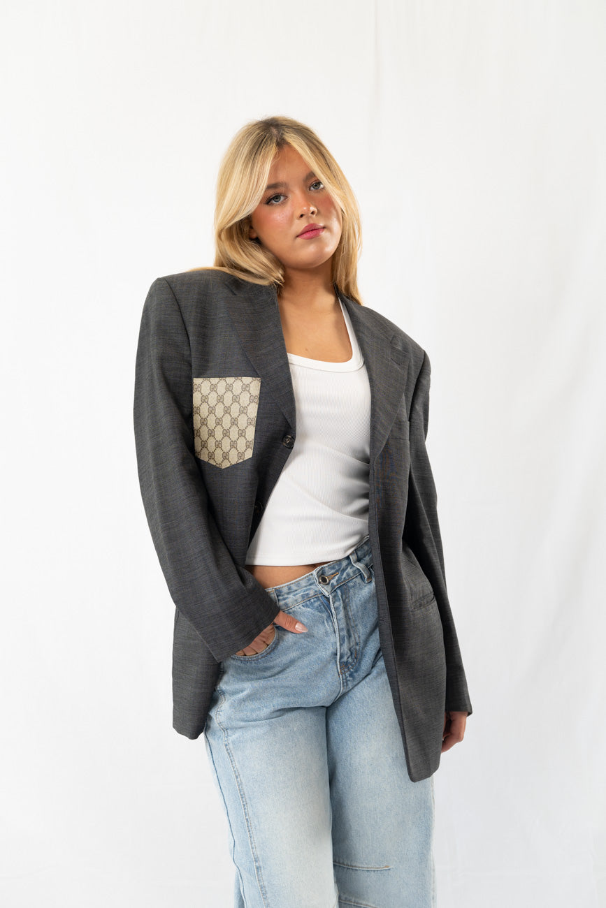 Dark Grey Checked Vintage Designer Oversized Blazer · L