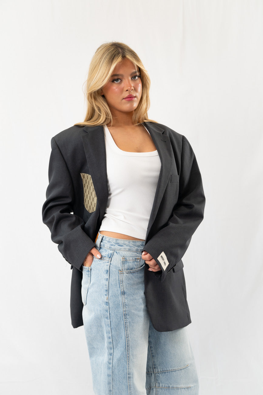 Dark Grey Striped Vintage Designer Oversized Blazer · XL