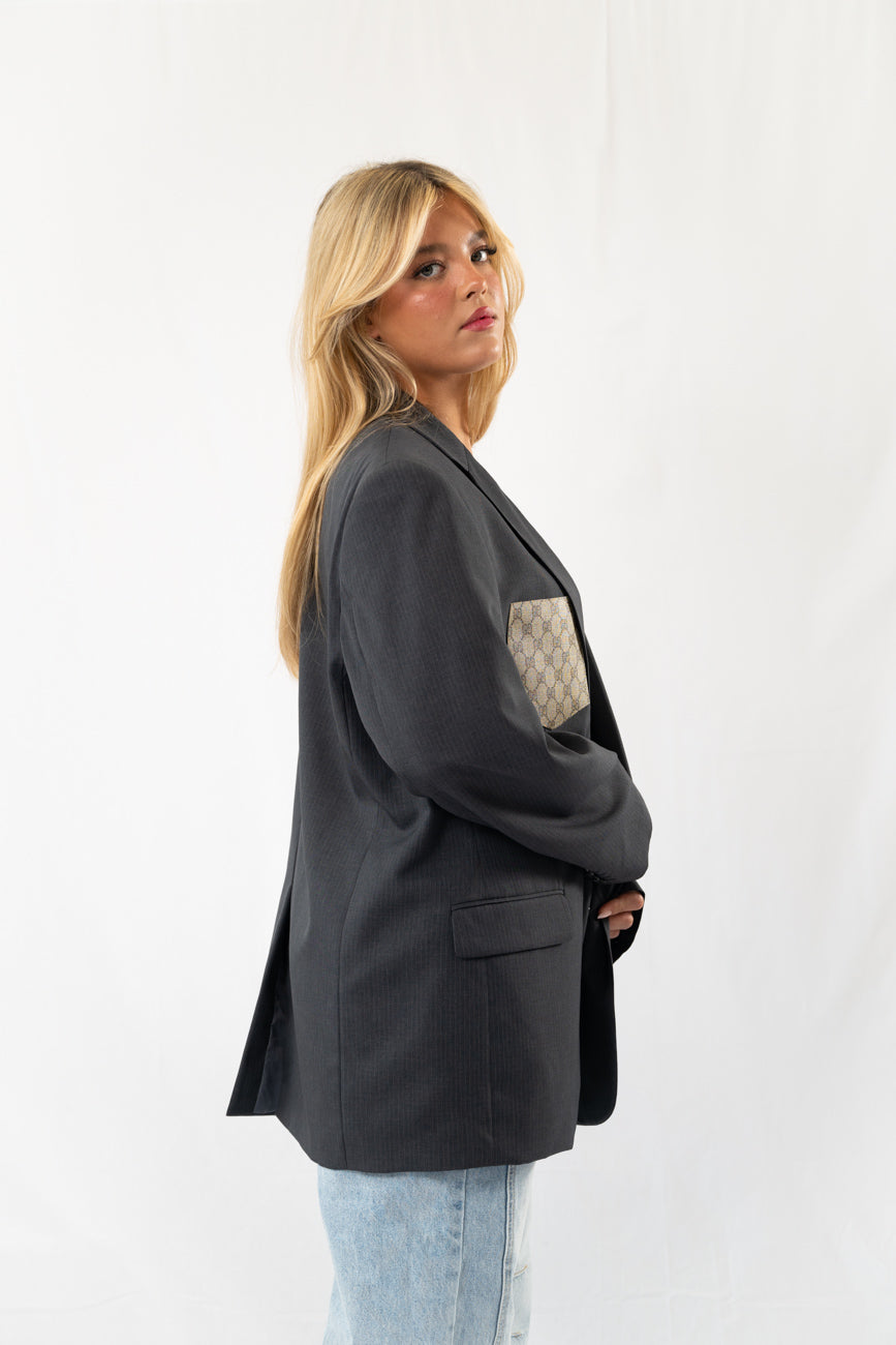Dark Grey Striped Vintage Designer Oversized Blazer · XL