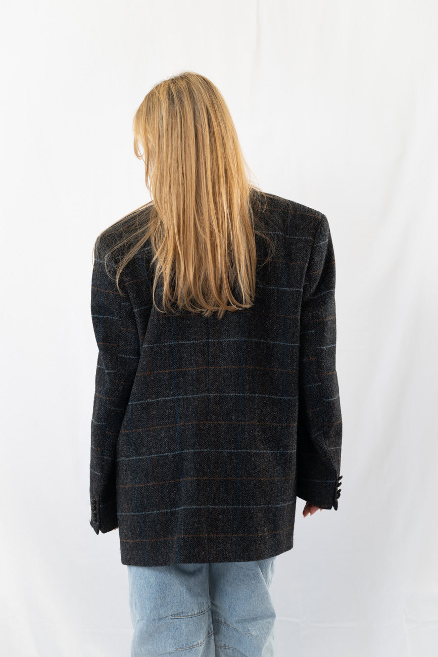 Dark Grey Wool Checked Vintage Oversized Blazer · XL