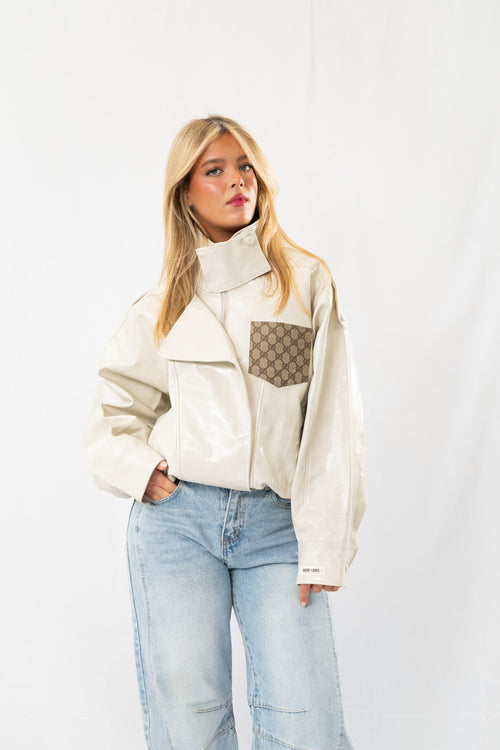 Beige Glossy Designer Jacket with Canvas
