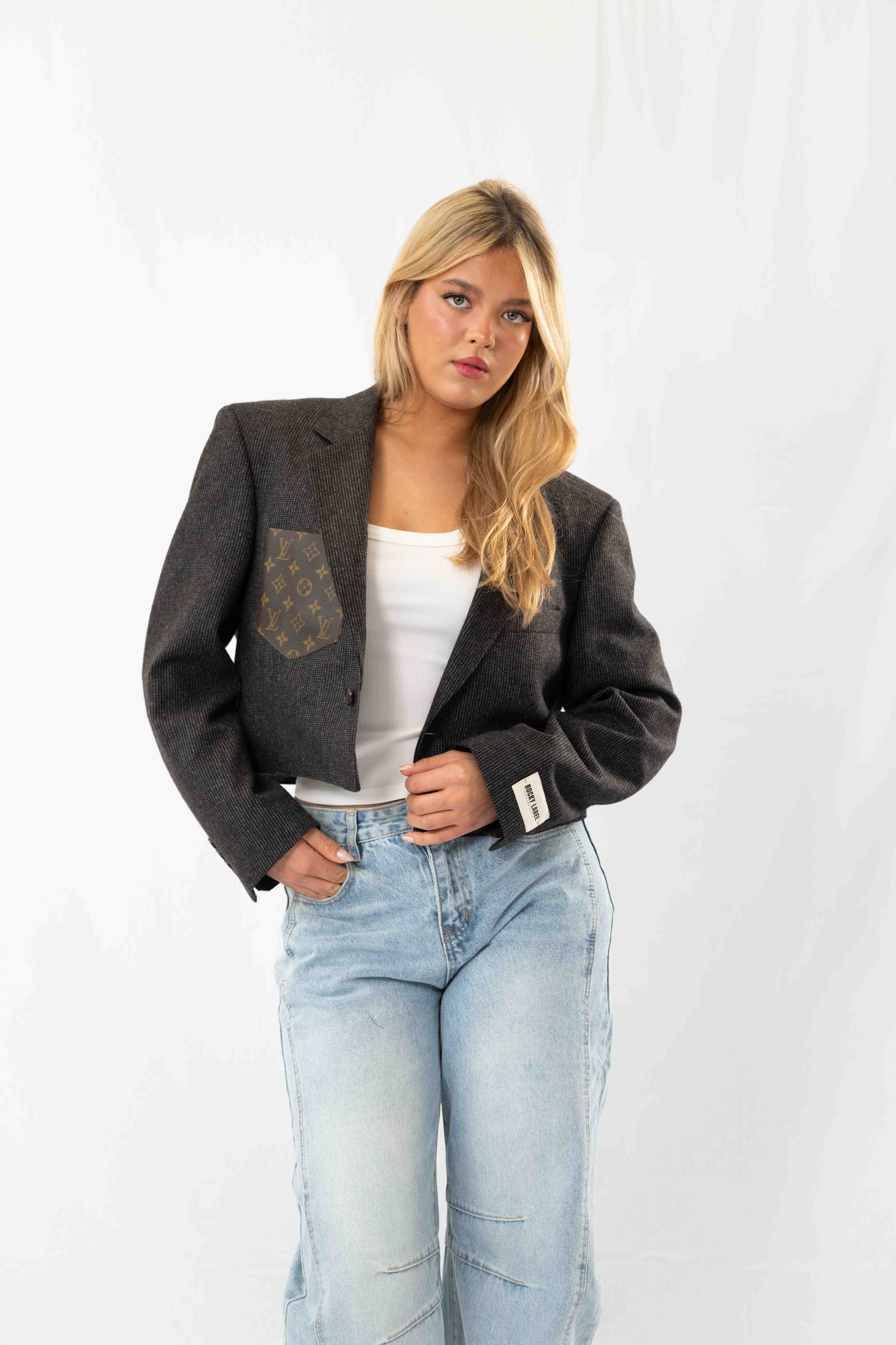 Brown Grey Vintage Designer Cropped Blazer · M