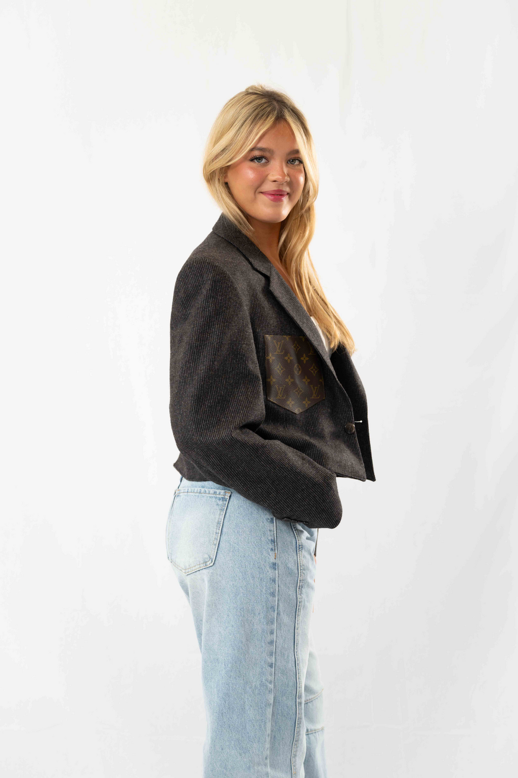 Brown Grey Vintage Designer Cropped Blazer · M