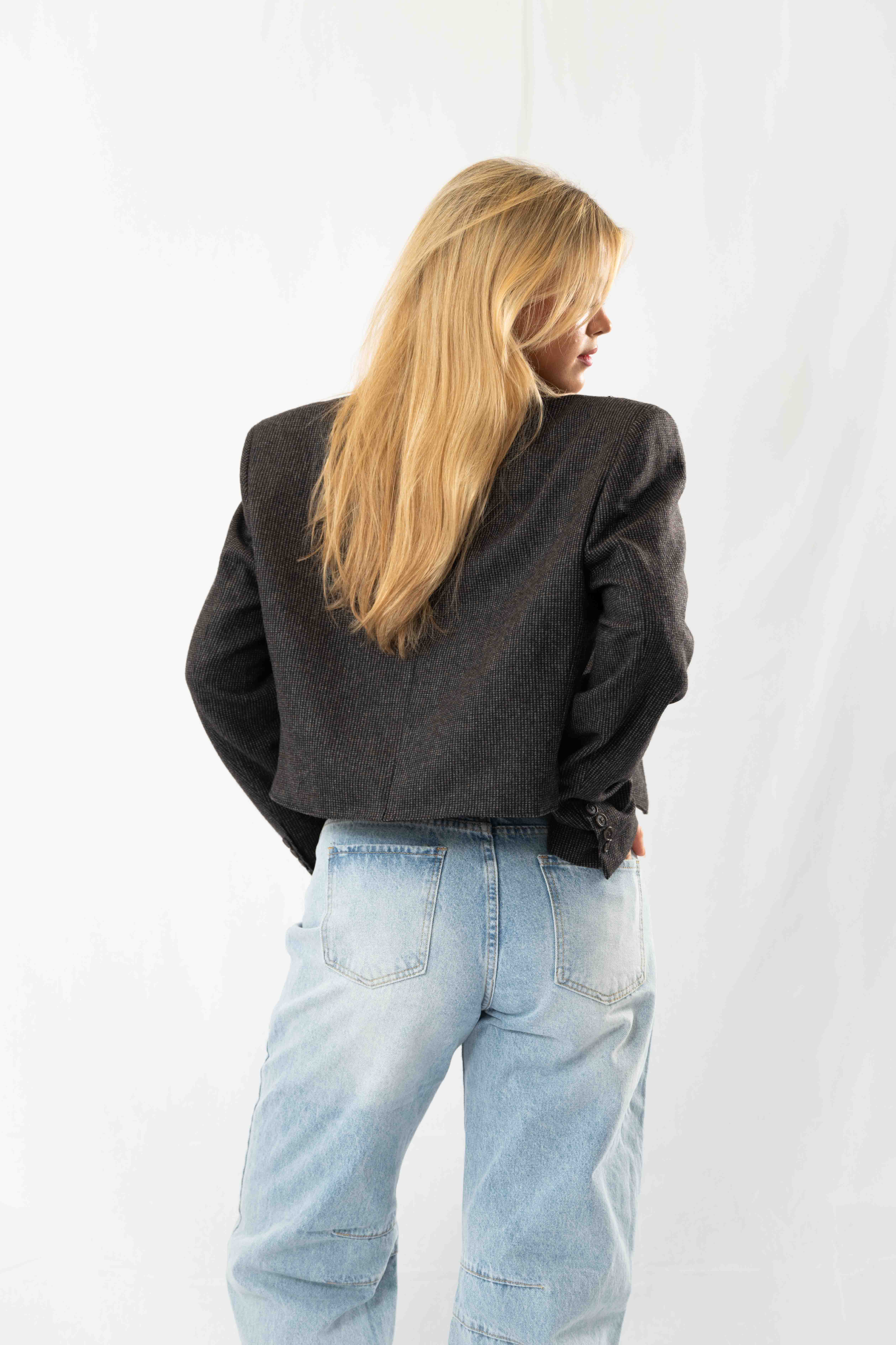 Brown Grey Vintage Designer Cropped Blazer · M