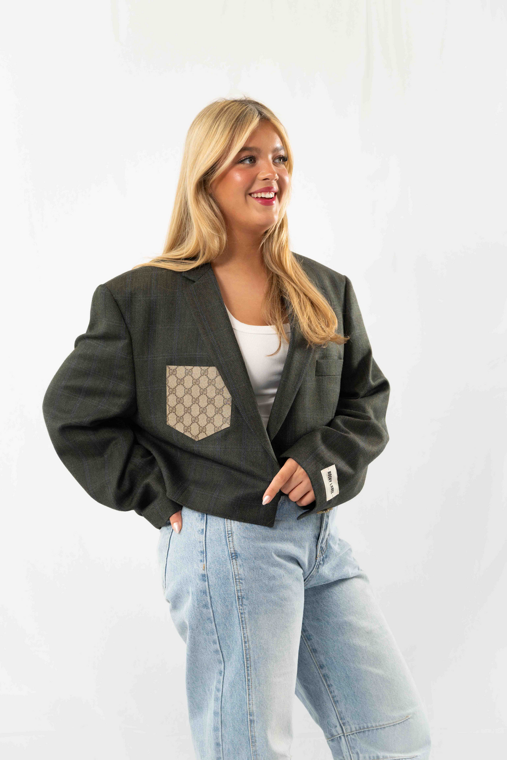 Green Vintage Designer Cropped Blazer · L