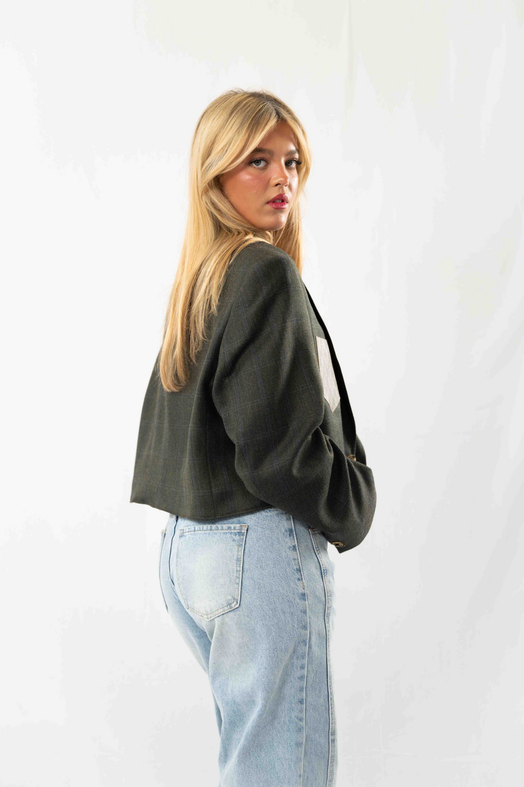 Green Vintage Designer Cropped Blazer · L
