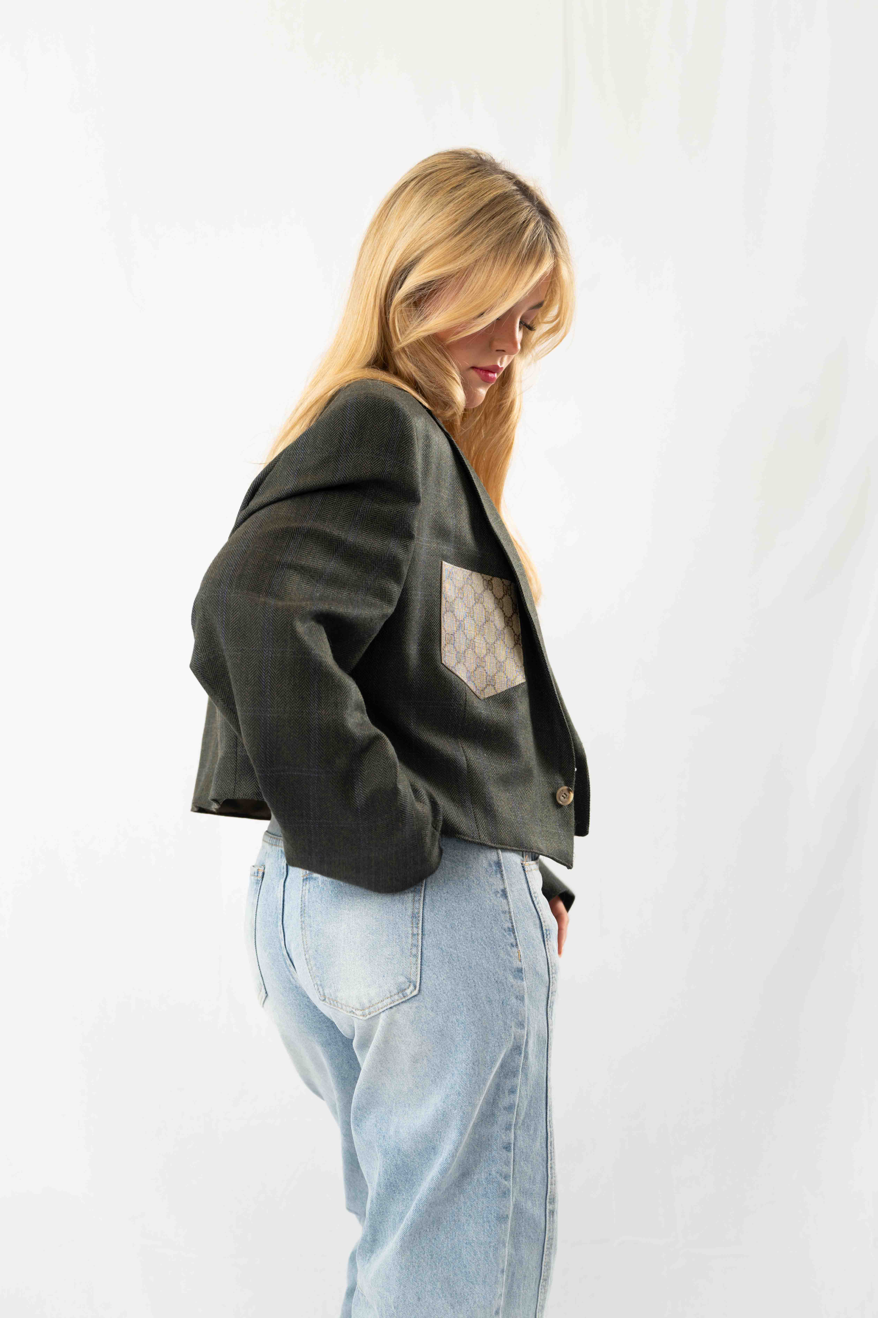 Green Vintage Designer Cropped Blazer · L
